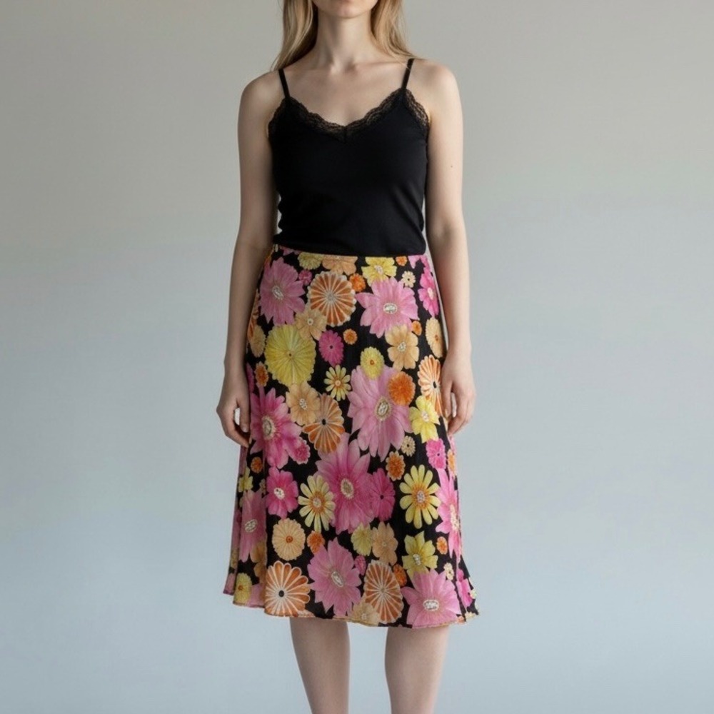 S.L.B. Petite Women Black Pink Floral 100% Silk Midi A-Line Slip Skirt Size LP